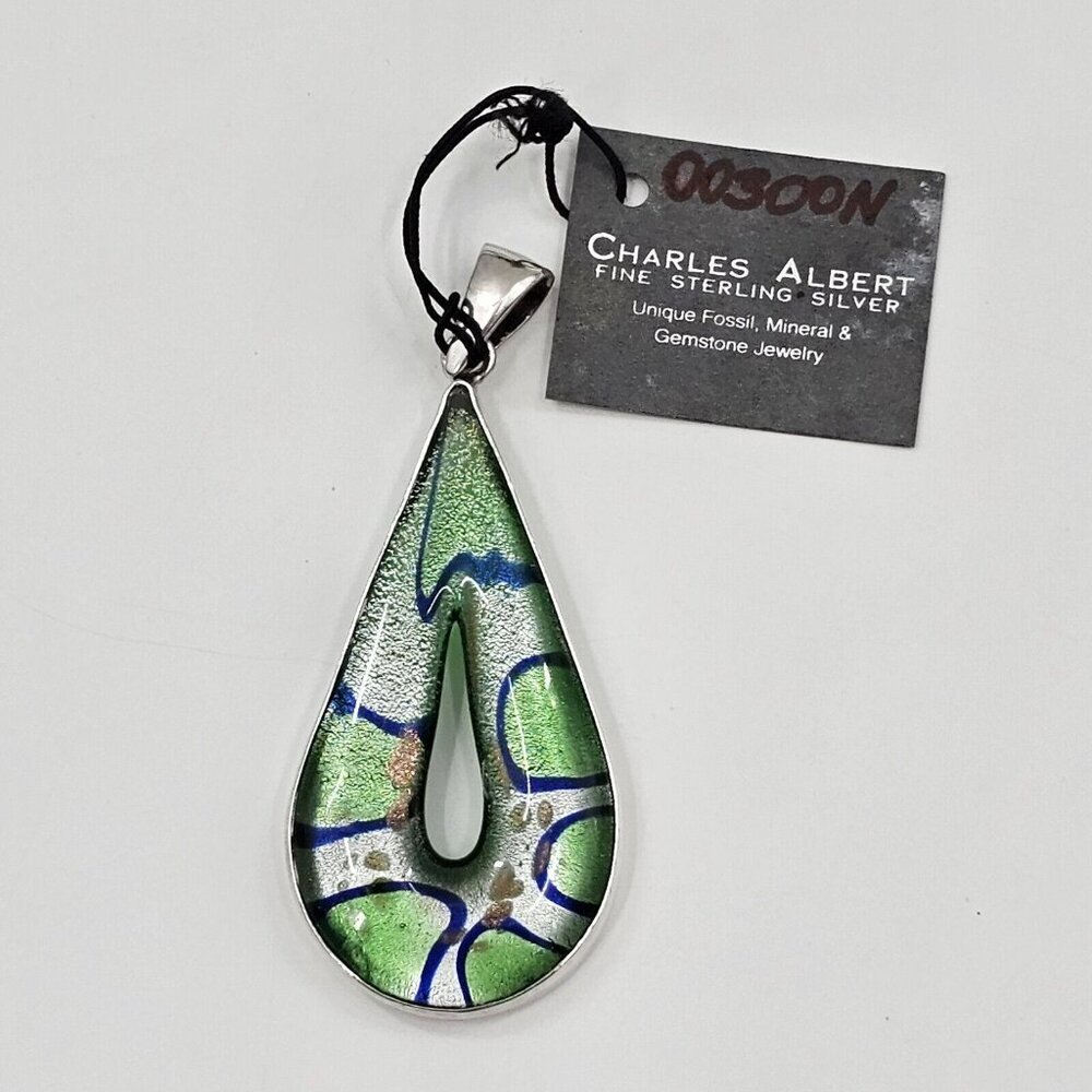 Charles Albert Dichroic Green Art Glass Fine Sterling Silver Necklace Pendant - Picture 2 of 10